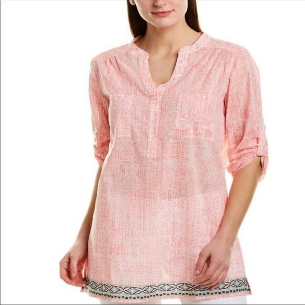 Tori Richard Honolulu Coral Sneaky Tiki-Roberta Embroidered Tunic Top XS Cotton